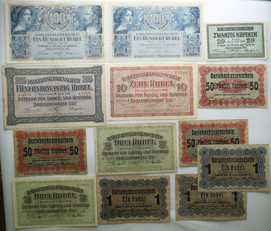 Polska OST. 20 kopiejek - 100 rubli 1916, Poznań, komplet 13 banknotów